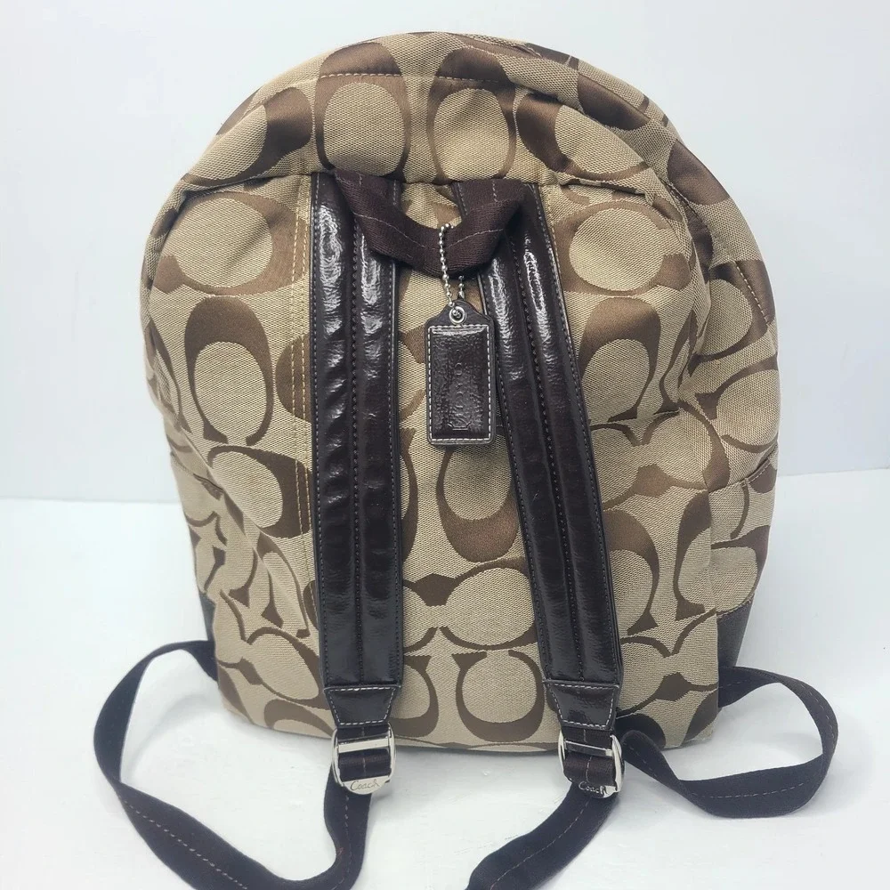 Coach Signature Logo Jaqaurd Fabric Tan And Brown‎ Stripe Backpack